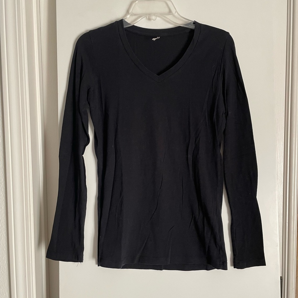 Tresics Basic Soft Cotton Long Sleeve V Neck Knit T Shirt Top Black